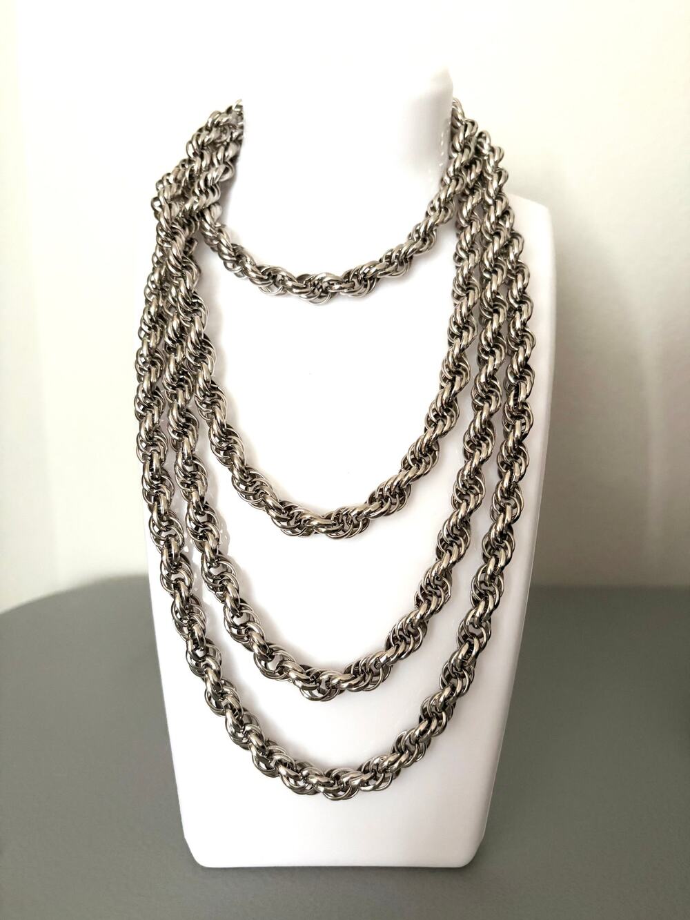 Vintage MONET 60" Heavy Braided Chain Chunky Silver Tone Rope Necklace